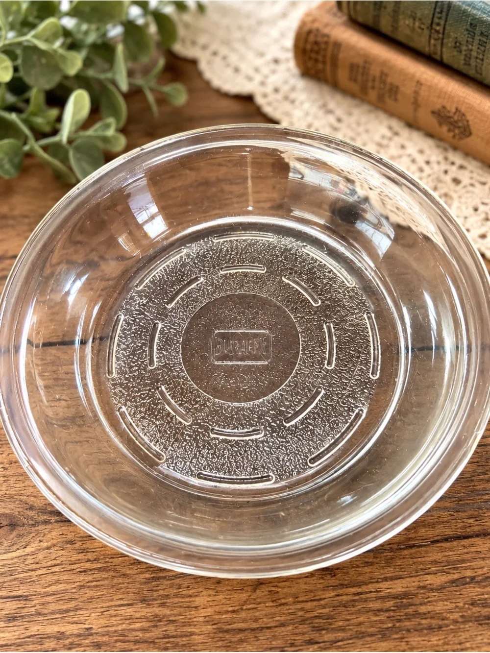 Vintage PYREX Clear Glass Pie Plate Baking Dish Raised Logo USA - Rim Chip